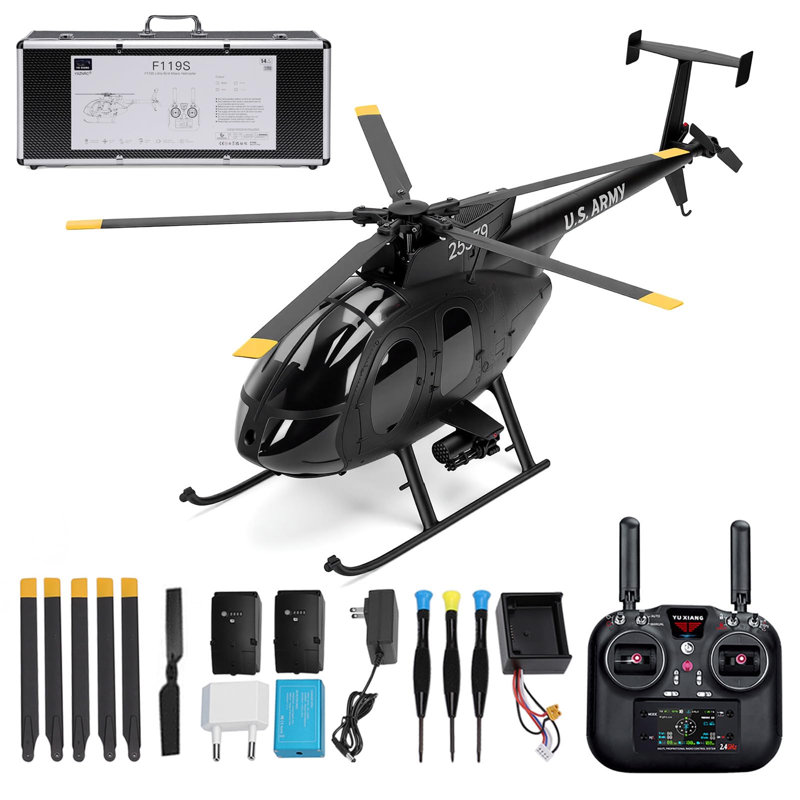 Hylukon 1/16 Scale F119S MD500 RC Helicopter, 2.4G 9CH RC Military Helicopter Model with GPS & Auto Return, Flybarless, 6G/3D Switchable Modes Openable Cockpit (Black)
