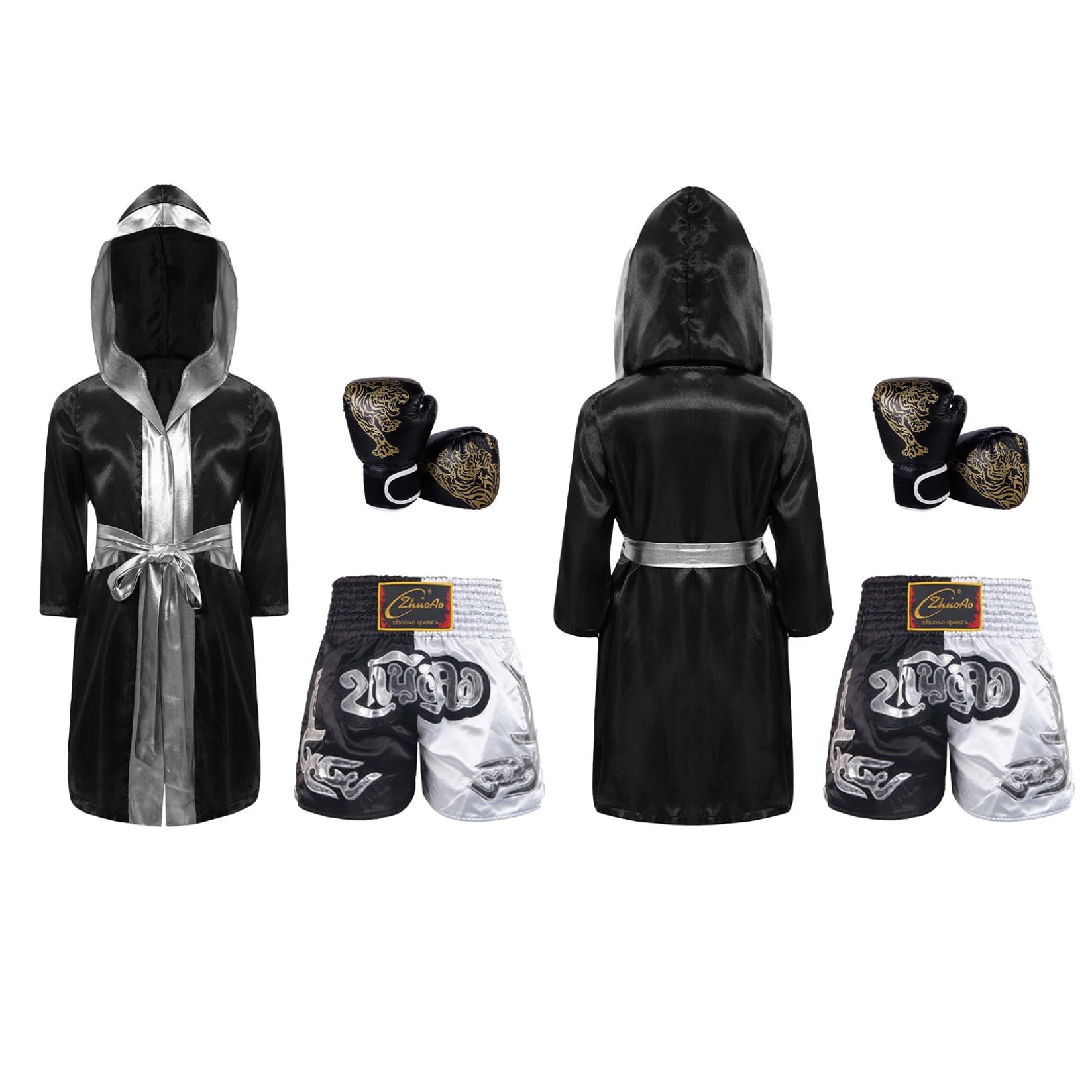 Runhomal Enfants Garçon Ensemble Peignoir de Boxe avec Short de Boxe Combat Gants Kickboxing Thai Entraînement MMA Muay Thai 5-16 Ans
