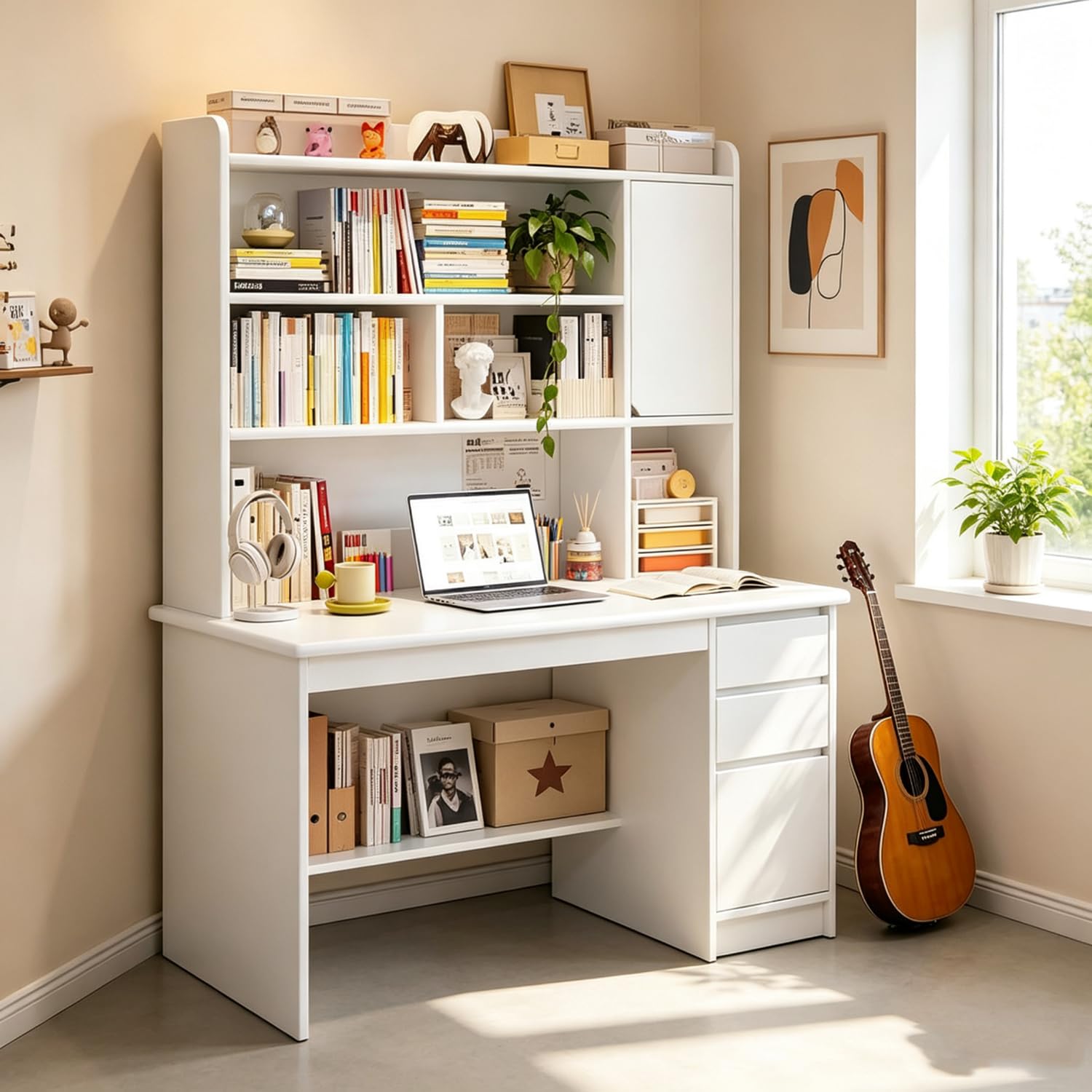 GXQFC Workstation with Wooden Hutch and Shelf, White Modern Study Table with Storage Drawers, Laptop Desk 120x45x165cm