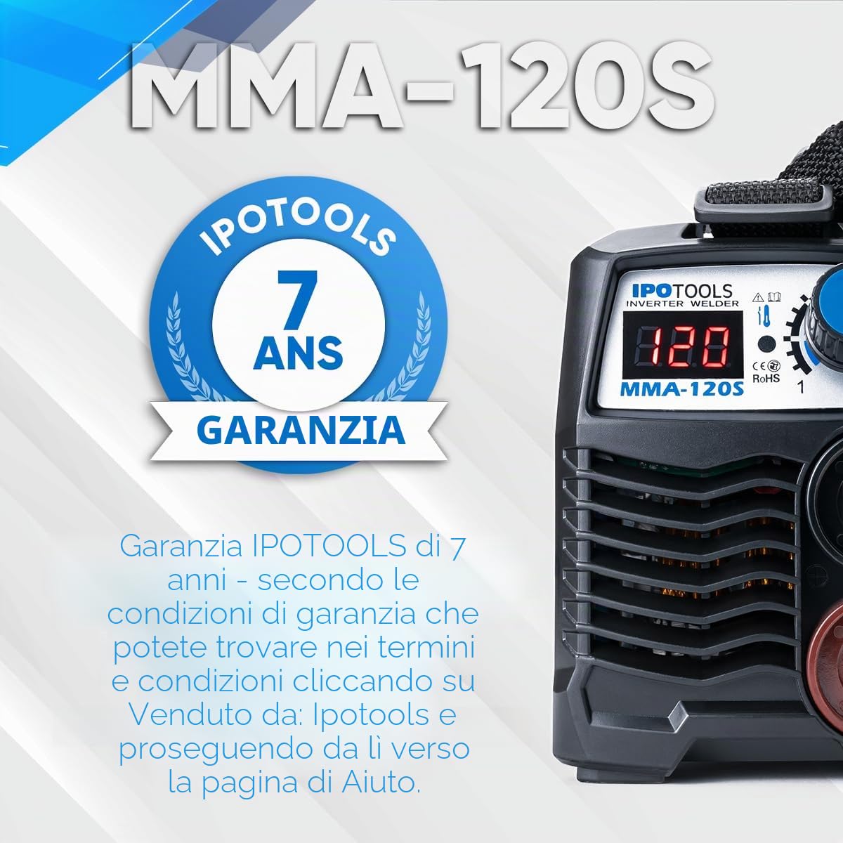 IPOTOOLS MMA-120S - Saldatrice a elettrodi 120 A, mini saldatrice elettrica, MMA/E, con display LCD, anti-stick, 230 V, 7 anni di garanzia