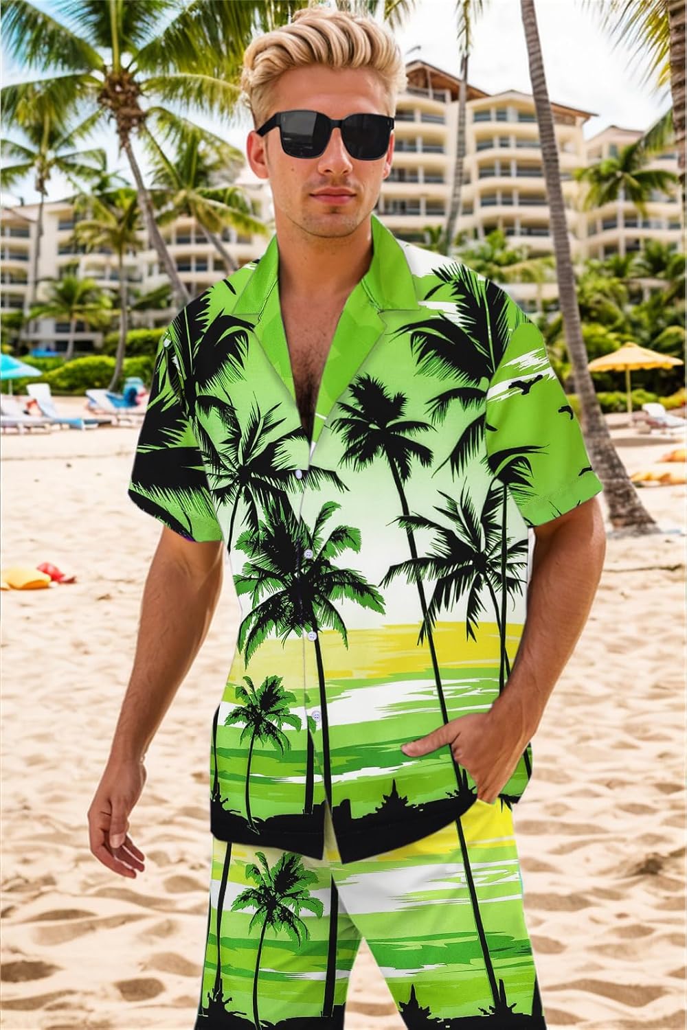 Cromoncent Boy and Men Hawaiian Outfits Short Sleeve Shirts and Shorts Hawaiian Suits Beach Tropical 2 Pcs Vacation Sets