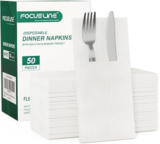 FOCUSLINE 50 Count Disposable Cloth-Like Napkins, Built-in Flatware Pocket, Prefolded Linen Feel White Napkins