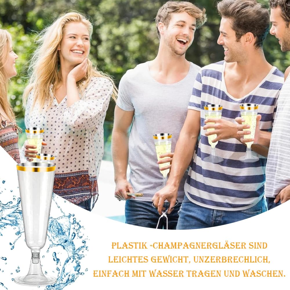 Bicchieri da spumante in plastica, 20 pezzi, 160 ml, riutilizzabili per spumante, per ricevimento di sette di matrimonio, compleanno, picnic, festa (oro)