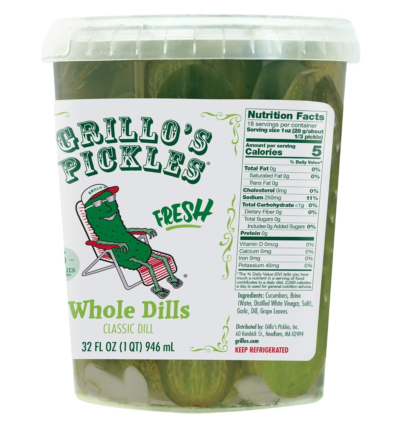 Grillo's Pickles Whole Dill Pickles, 32 Fl Oz