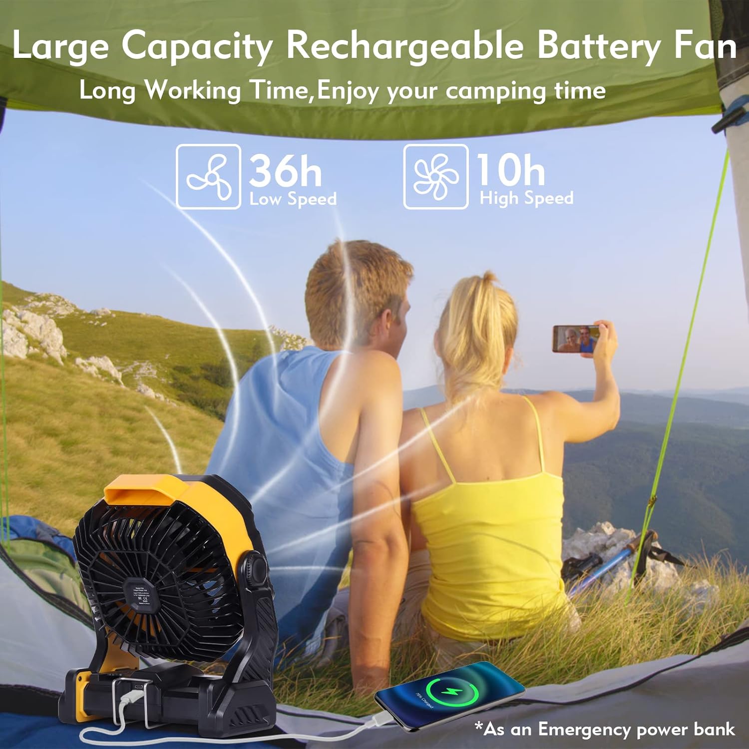 RUNTOP Camping Fan 20000mAh Rechargeable, 2 Blades High Speed Portable Ultra-quiet, Battery Operated Fan with Hook,Timer, Light,270°Rotation USB Cordless fans for Tents,Travel,Beach,Outdoor,Table - Image 4