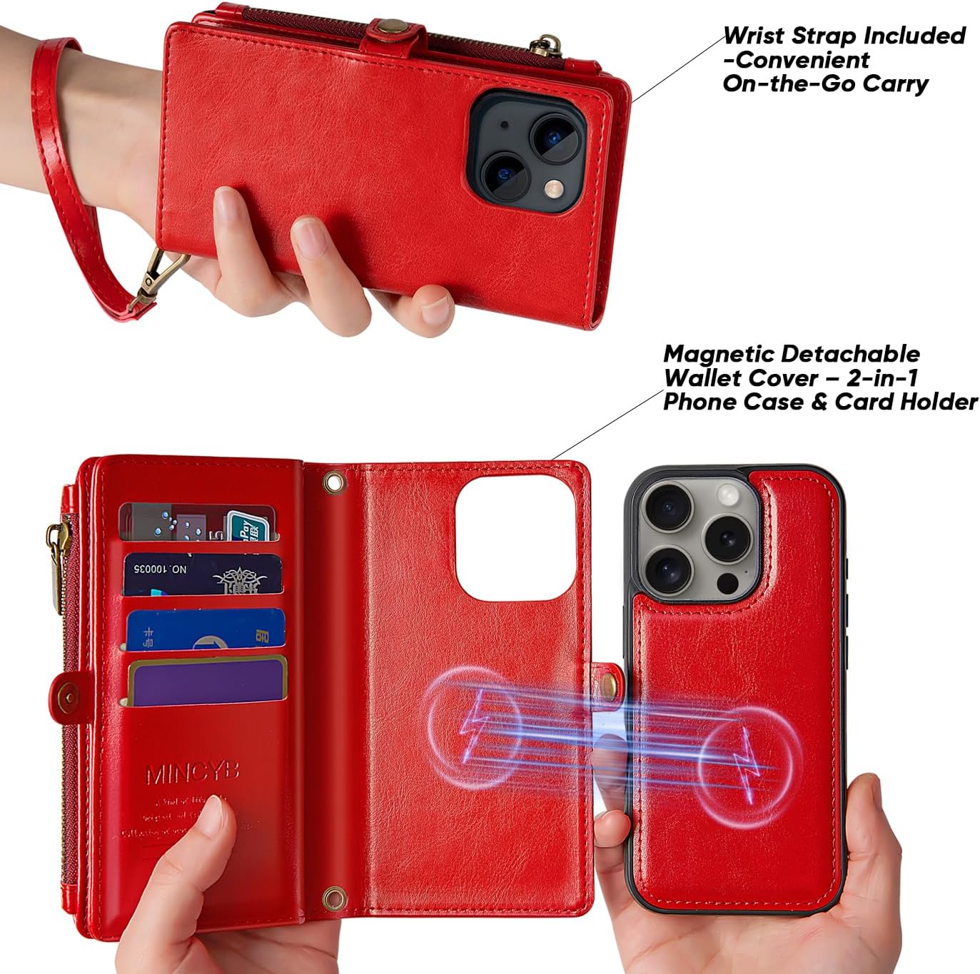 MInCYB for iPhone 16 Pro Max Wallet Case – Detachable Magnetic Wallet with RFID Blocking, PU Leather Zipper & Strap for Women Men Red