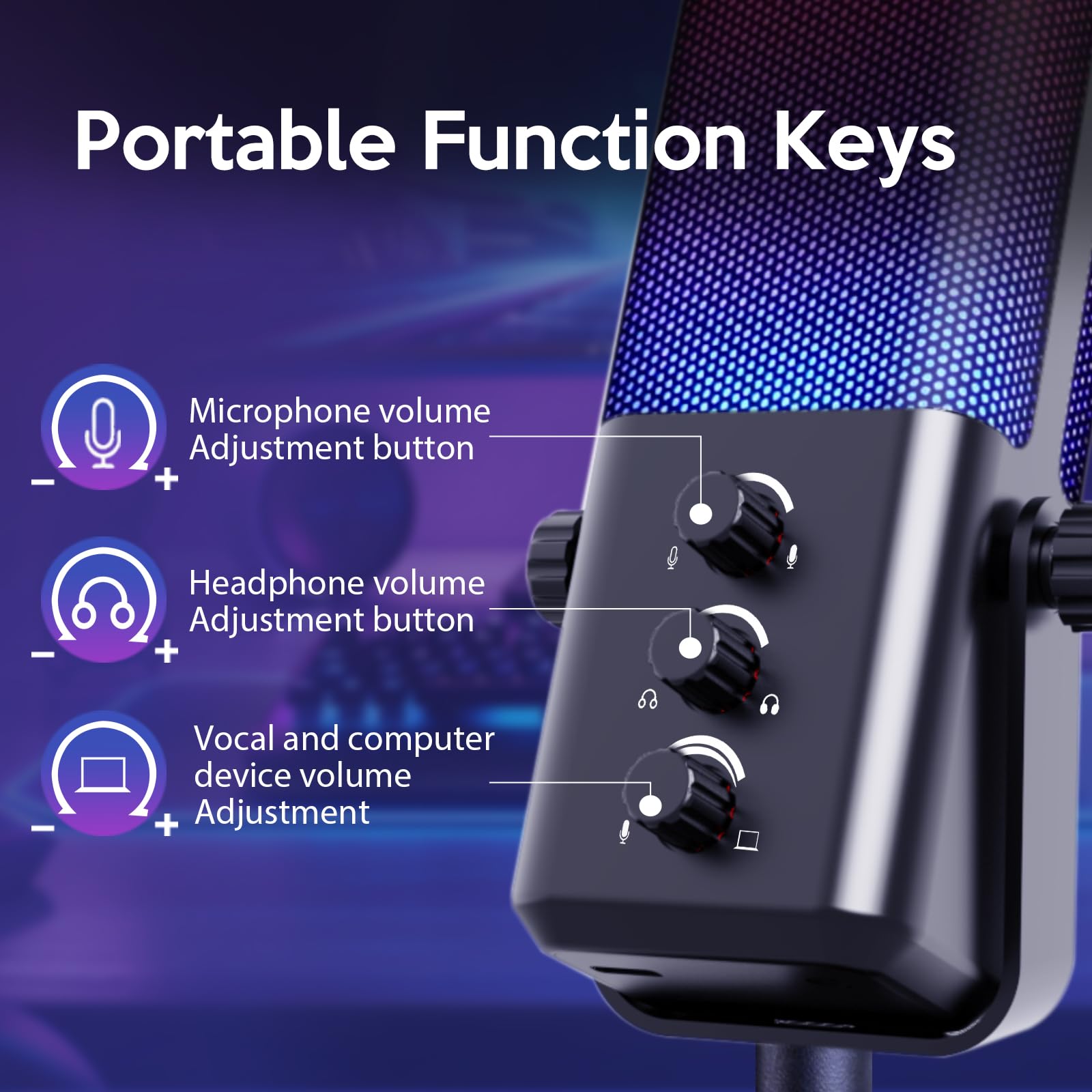 VCOM Microfono da gioco USB RGB con braccio a braccio, riduzione del rumore e muto one-touch, jack per cuffie da 3,5 mm, controllo del guadagno, microfono plug & play per PC, streaming, podcast
