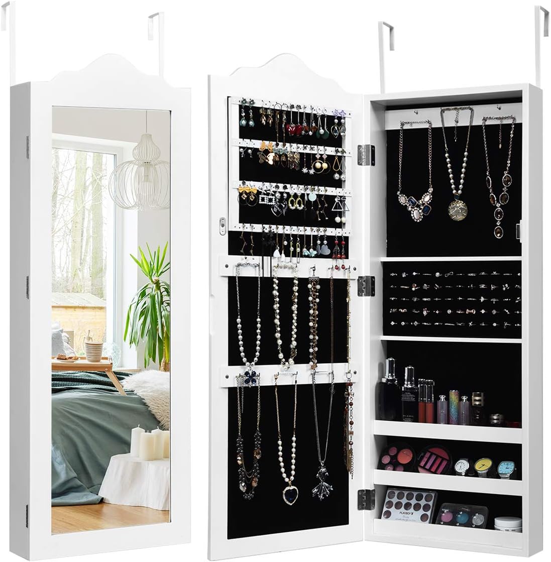 Giantex Wall Door Mounted Jewelry Armoire with Full Length Mirror, Bedroom Bathroom Hanging Jewelry Cabinet Chest with 56 Ring Slots 23 Necklace Hooks 72 Ring Slots Deep Storage Organizer, White