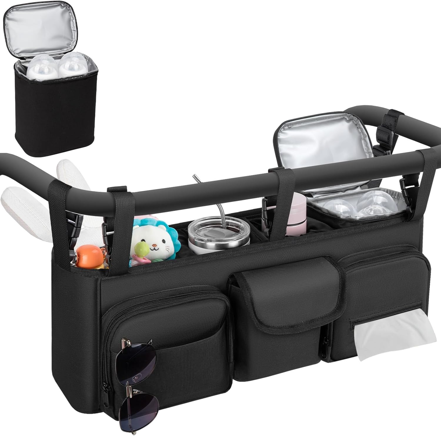 Double Stroller Organizer Compatible with Bob Duallie and Baby Jogger City Mini GT2, Double Baby Stroller Accessories with Cooler Bag, Parent Console Double Jogging Stroller Caddy with Cup Holder