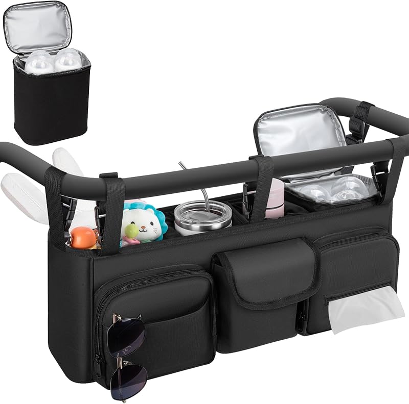 Double Stroller Organizer Compatible with Bob Duallie, with Cooler Bag | Double Baby Stroller Accessories Compatible with Baby Jogger City Mini GT2, Parent Console Double Stroller Caddy, Black