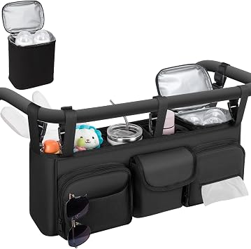 GDNasist Double Stroller Organizer Compatible with Bob Duallie and Baby Jogger City Mini GT2, Double Baby Stroller Accessories with Cooler Bag, Parent Console Double Jogging Stroller Caddy, Black