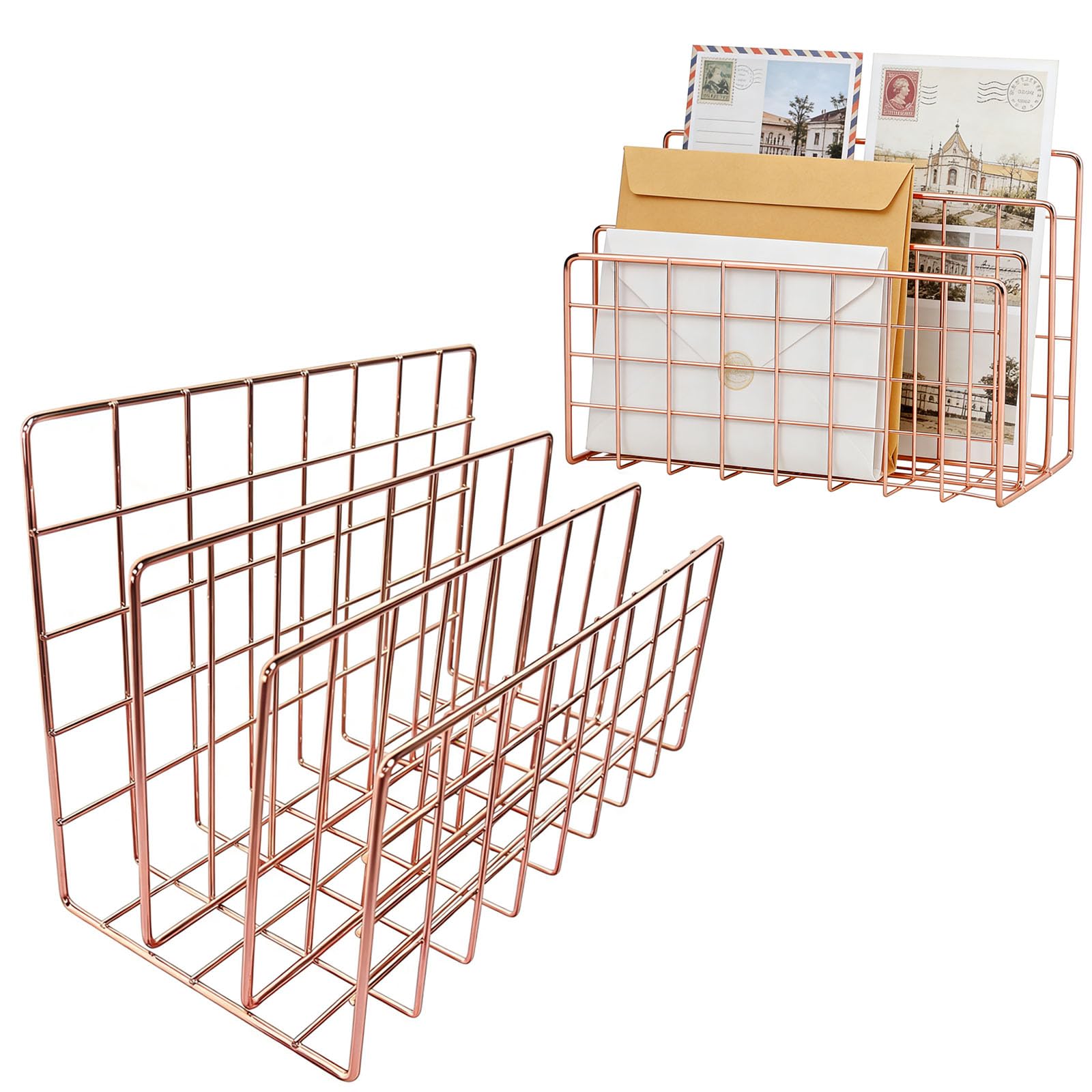 QYLZ 2PCS Wire Letter Holder, 3-Slot, 24 x 12 x 15.8cm, Mail Sorter for Desk, Document Organiser, for Letters, Postcards, Brochures, Envelopes, Paperwork(Rose gold)