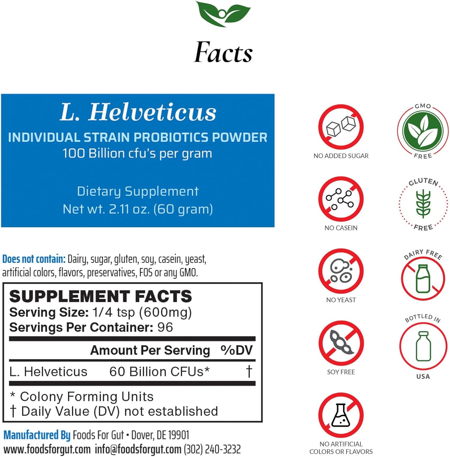 Foods For Gut Lactobacillus Helveticus Probiotic Powder 100 Billion cfu's | No Additives | Direct from Manufacturer | No Third-Party Storage | Immune Support | L. Helveticus | 60 Grams (2.11 Oz)