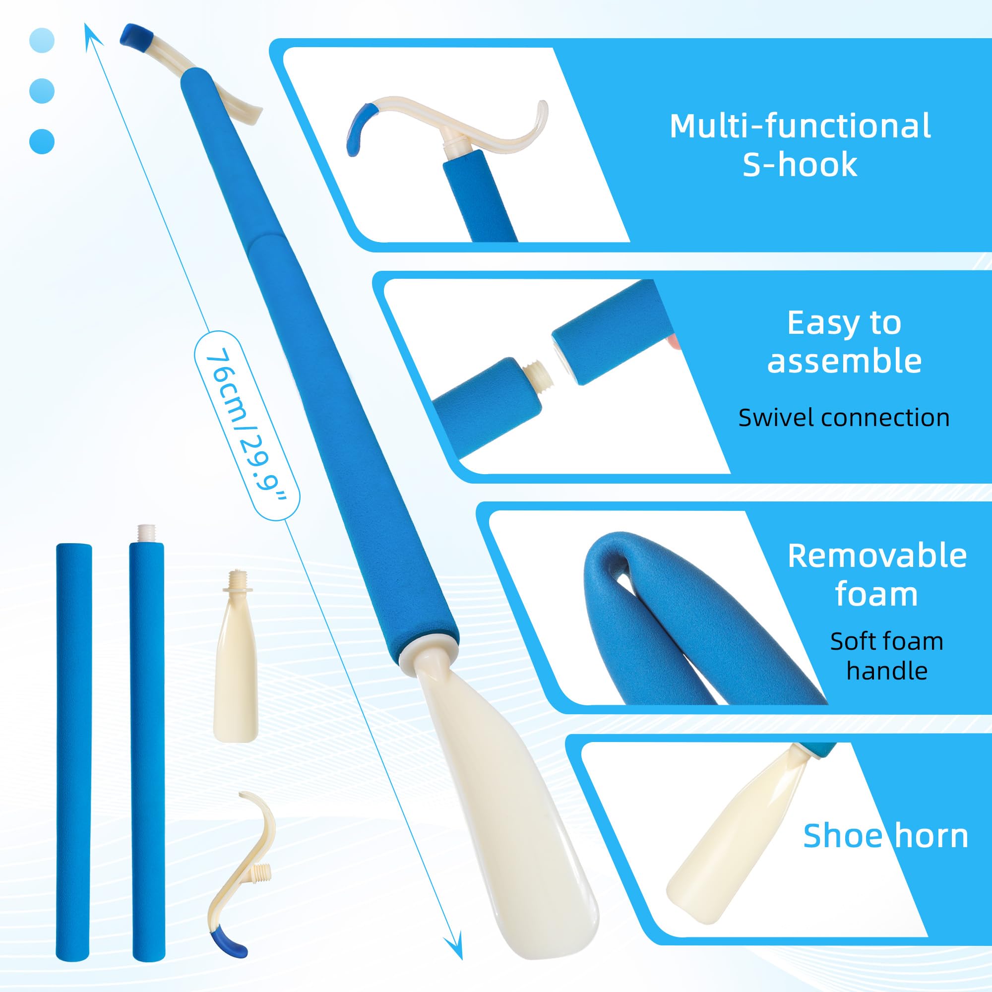 Fanwer Kit de 6 piezas de repuesto total de cadera para personas mayores, levantador de piernas, ayuda para calcetines, herramienta de agarre de alcance, palo de vestir, cepillo de espalda y aplicador