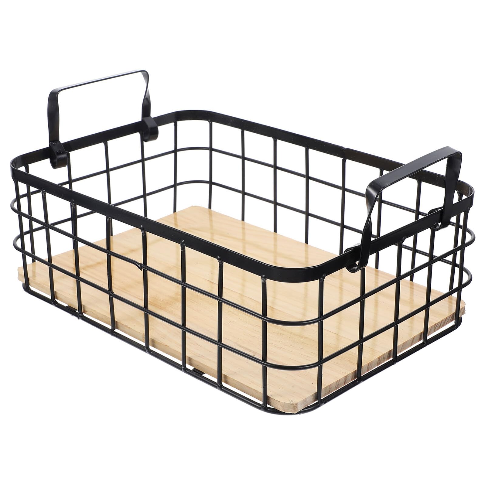 Cesta de Almacenamiento de Alambre Negra Asas de Hierro y Base de Madera | Organizador Multiuso para Cocina y Frutas, Diseño Sencillo y Práctico, Uso en Escritorio Doméstico