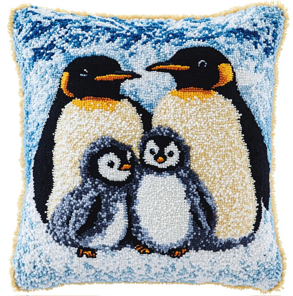 ORLUMY Latch Hook Kits for Adults,Penguin Family Beginners DIY Crochet Pillow Kit Pre-Printed Pillowcase Hook and Latch Rug Kits Needlework Cushion Cover for Home Sofa Decoration 17X17 Inch