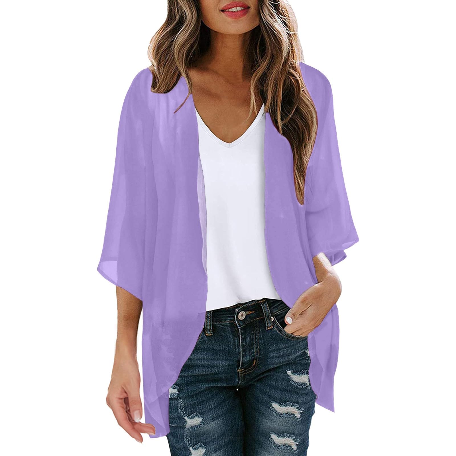 Huesdet Cardigan de Gasa para Mujer Kimono de Playa Boho Cover Up Suelto de Verano Tops Sencillo de Color Sólido Informal Cárdigan Ligero de Manga 3/4 EE31