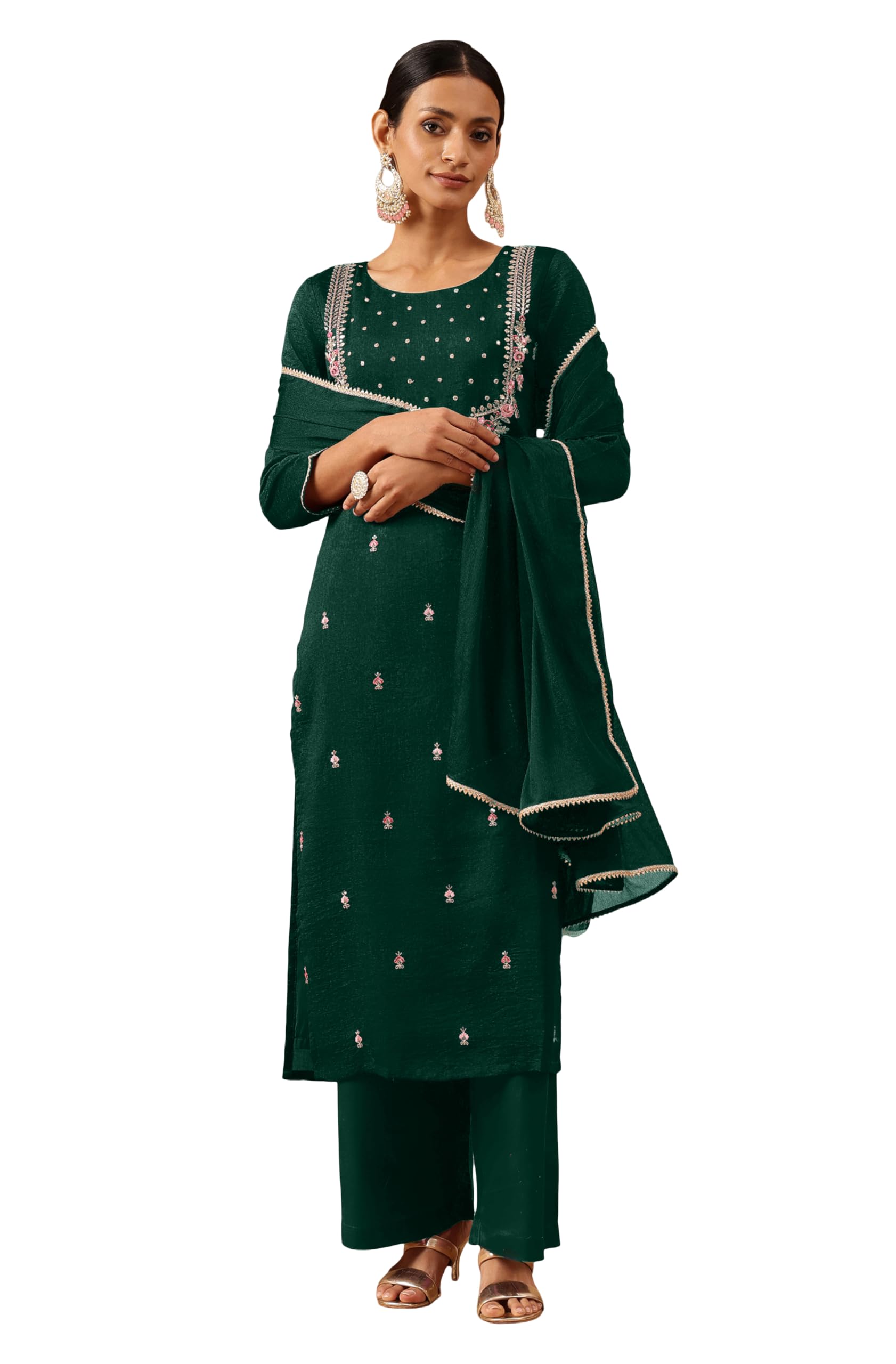 janasya Women's Bottle Green Silk Blend Zari Embroidered Straight Kurta Set-picture-33