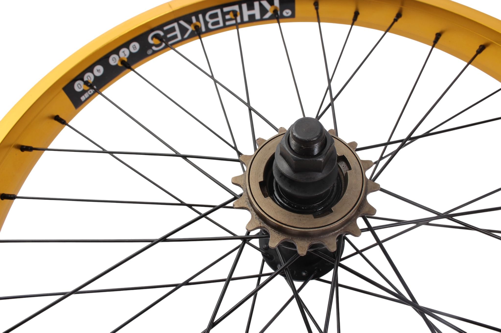 KHE Prism BMX tylne koło 20 cali – złote – oś 14 mm – zębatka 16T – 36H – 7005 aluminiowa felga 38 mm – rower biegowy BMX z tyłu