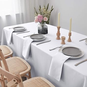 VEEYOO Rectangle Tablecloth 60x84 inch - White, Polyester, Wrinkle Free, Solid, All-Season, Classic Elegant, Christmas, Twill Weave, 1 Count, Machine Wash, Dining Table