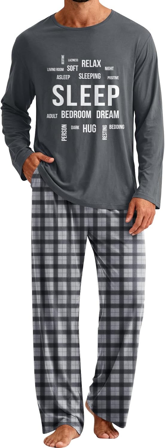 EverFahsion Mens Pajamas Set Soft Pjs Long Sleeve Sleep Set Lightweight Sleepwear 2-Piece Plaid Lounge Set with Pockets M-XL