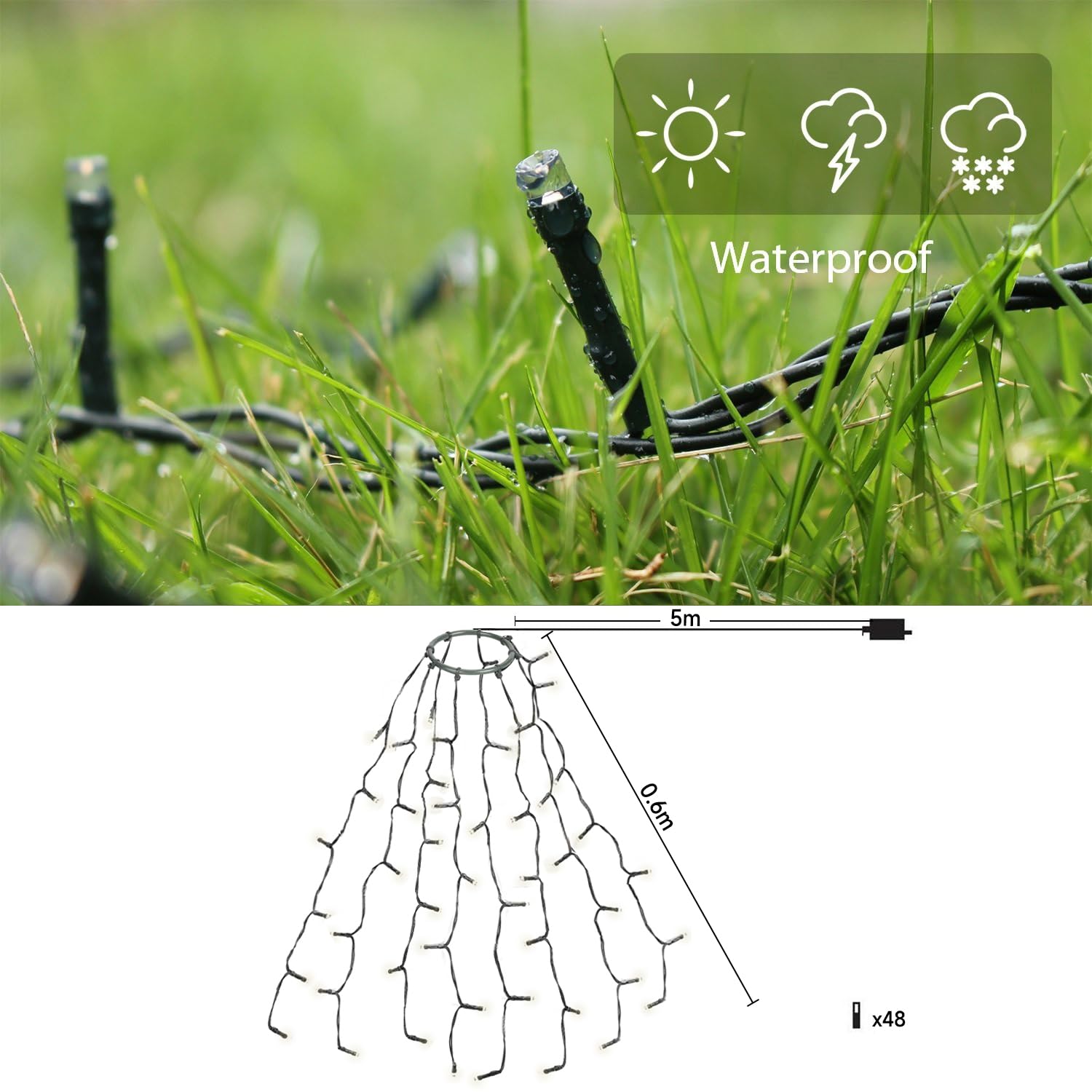 SALCAR Oświetlenie choinkowe 0,6 m z pierścieniem i 8 girlandami, 48 diod LED, łańcuch świetlny, wodoszczelne oświetlenie bożonarodzeniowe na 60 cm, 90 cm, 120 cm, choinka – ciepła biel