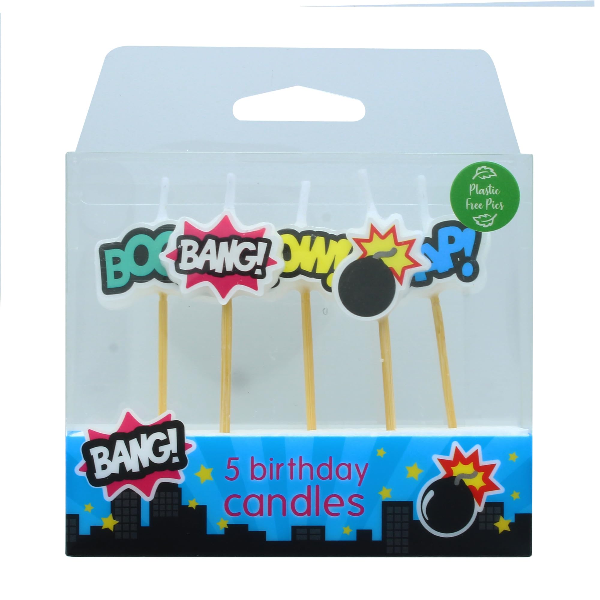 Baked With Love Superhero Cake Candles, 5 Bright Comic Book Birthday Celebration Cake Decorations, Plastic Free Pic - Pack of 5 Candles