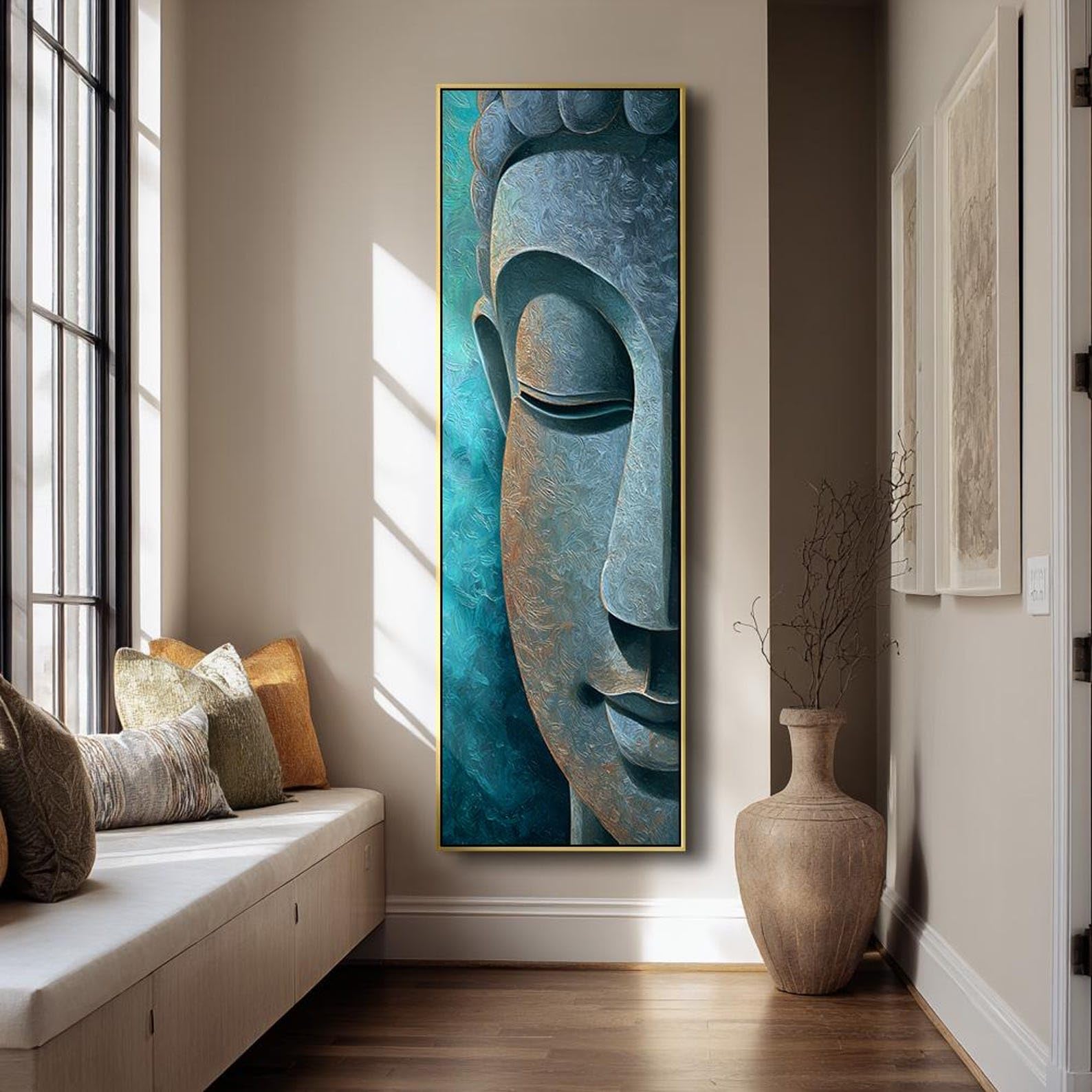 Pósteres verticales de estatuas de Buda - Decoración para habitaciones altas y estrechas - Obra de arte en lienzo - Pintura espiritual alargada - Decoración para estudios de yoga (70x210cm/Sin marco)