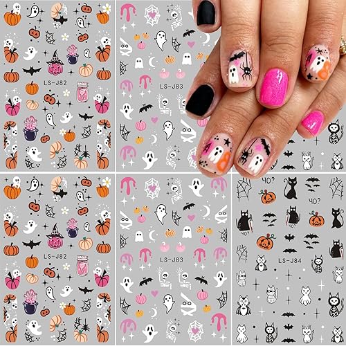 Calcomanías de arte de uñas de Halloween, lindas calcomanías de calabaza fantasma, diseños autoadhesivos 3D para Halloween, fantasma, araña,