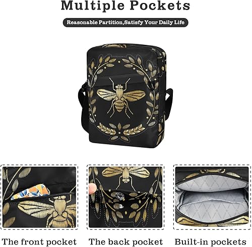 Miniatura 2 de Bolsa de mensajero bordada de abeja para mujeres y hombres, bolsa cruzada para el hombro, bolso cruzado con correa ajustable para viajes al aire