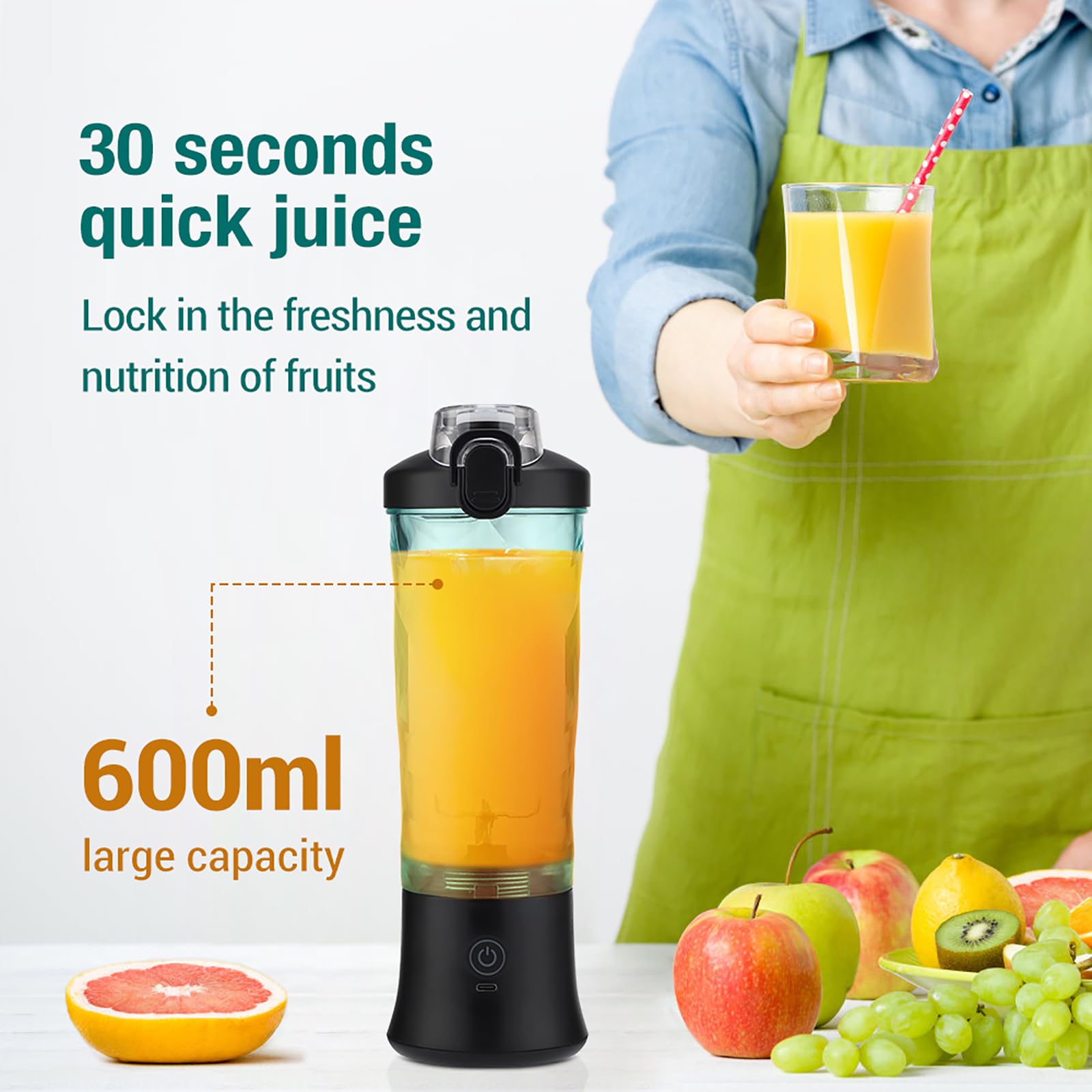 Osobisty Kubek Do Wyciskania Soku, Przenośny Mini Blender Do Smoothie O Dużej Pojemności 600 Ml I 6 Ostrzach, 2 Tryby Regulowane I Z Możliwością Ładowania, Precyzyjna Konstrukcja, Do Grillowania