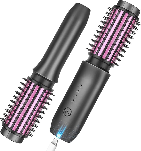 Brosse de fer sans fil pour le curling, Fer de voyage portable Mini Brosse pour les femmes, 7000Mah USB Curler sans fil rechargeable avec Ion négatif, gris