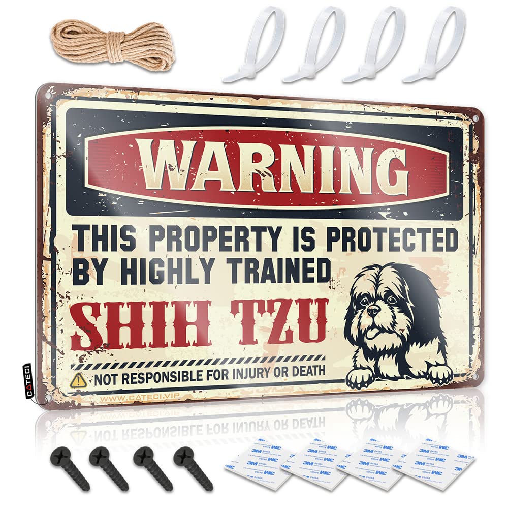STWNVOITV Beer Decorations For Man Cave Warning This Property Is Protected By A Highly Trained Shih Tzu Sign Vintage Signs Metal Funny Sign Decor(30X40CM)