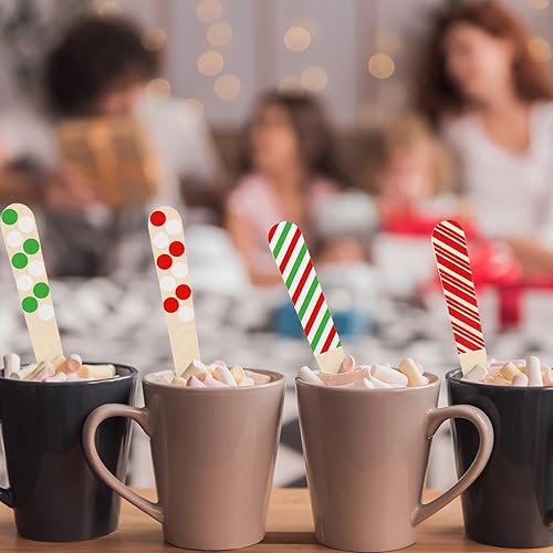Miniatura 6 de Hoolerry 300 cucharas de madera desechables de Navidad, cucharas de chocolate caliente a rayas, bastón de caramelo a rayas para degustar cacao