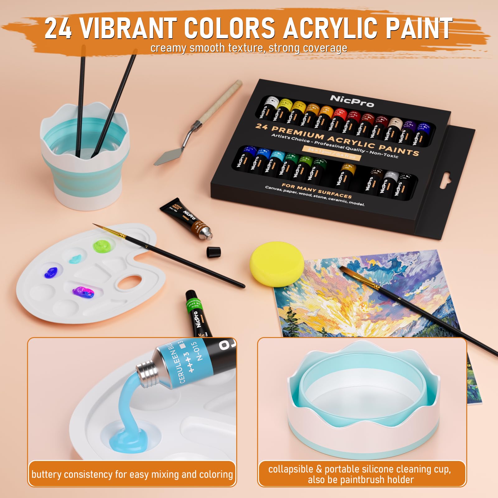Nicpro 68 Pcs Kit De Peinture, Peinture Acrylique De 12ML X 24 Couleurs, Avec Chevalet De Table, 8 Plaques De Toile 12 Pinceaux, Tasse De Nettoyage, Éponge, Palette Pour Artiste Débutant