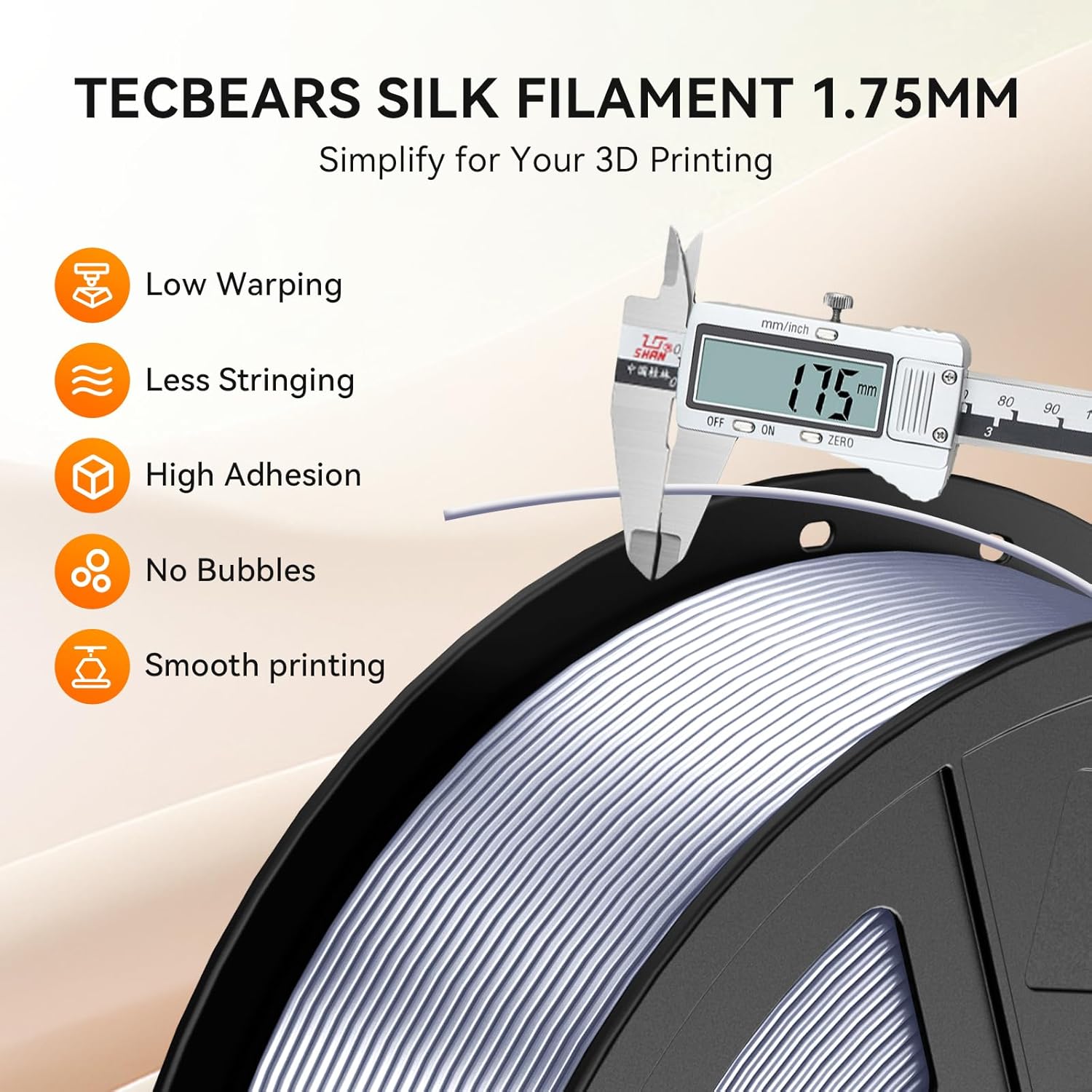TECBEARS Silk Filament 1.75, Shiny Silk PLA Filament, 3D Printer Filament with Smooth Silky Surface, Pack of 4, Red+Orange+Pink+Green
