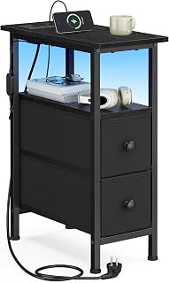 SONGMICS Bedside Table with LED Lighting, Charging Station and 2 Fabric | Narrow Side Table, Open Shelf, 21.5 x 46 x 60.5 cm, for Bedroom and Living Rooms, Ink Black, BELLAH Collection LGS002B102