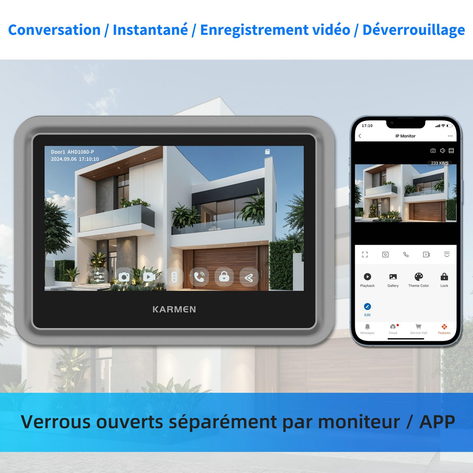 Karmen Visiophone Intelligent Tuya WiFi, écran Tactile de 7 Pouces, Sonnette en Alliage 1080P, Enregistrement de Détection de Mouvement, Prend en Charge AC 100V-240V