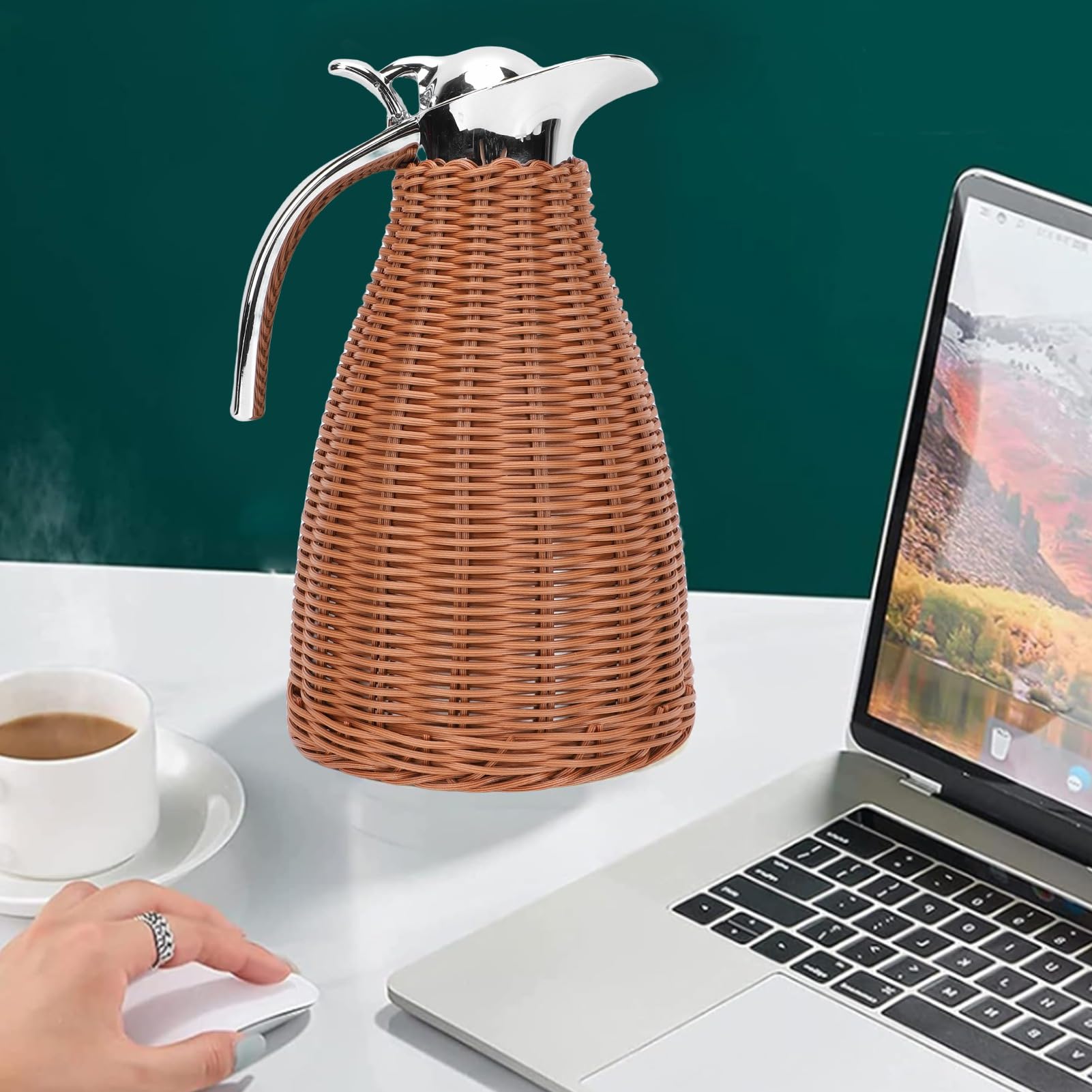 Handgewebte -Kaffeekaraffe aus Edelstahl, Dreiwandige Isolierkanne mit Rattankörper, 1,5 L Heiße Getränke für die Zubereitung zu Hause (Kaffee)