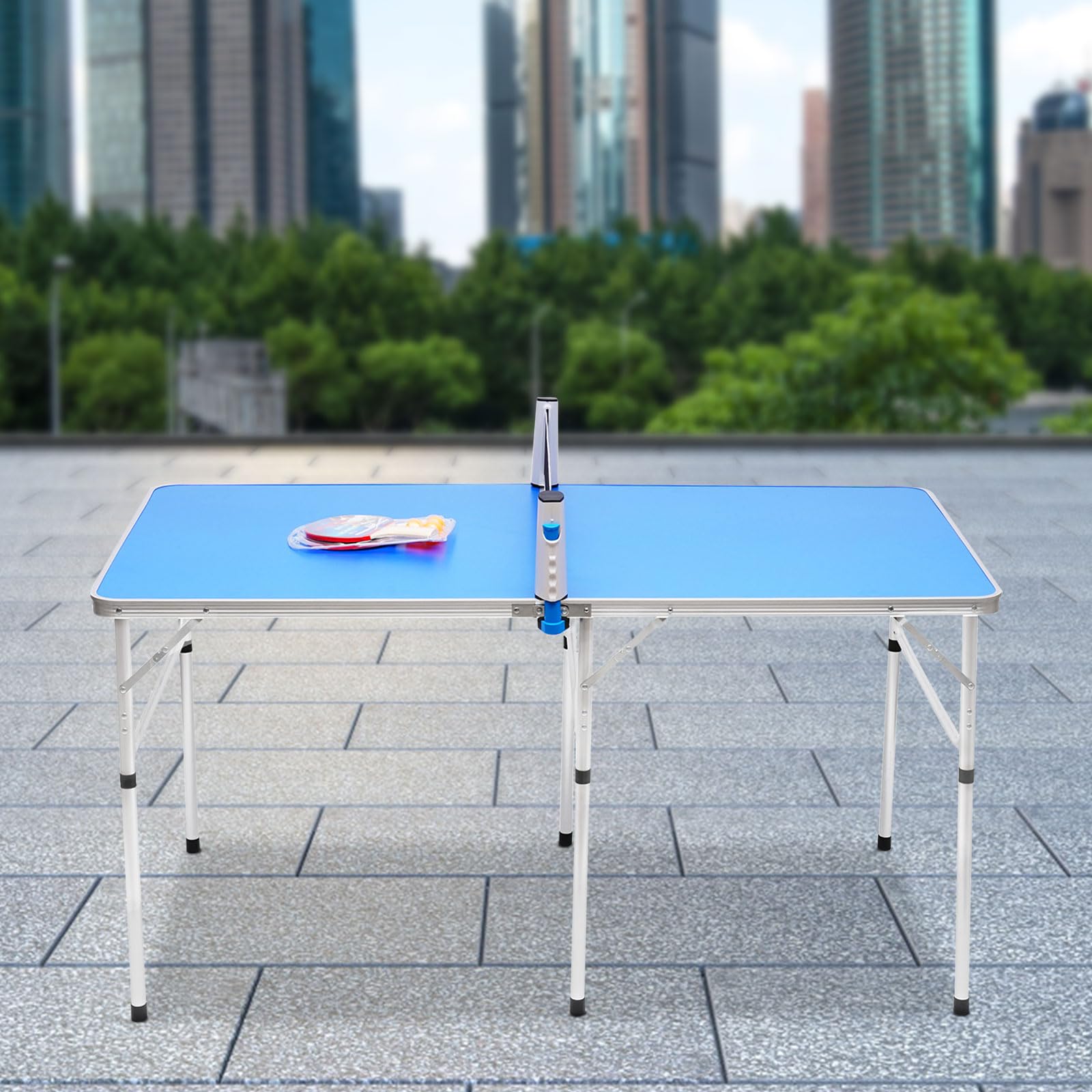 Tavolo da ping pong pieghevole, portatile, mini tavolo da ping pong, set di mini tavolo da ping pong, durevole – per interni ed esterni, a rete, palline, racchette, blu, 152 x 76 x 76 cm