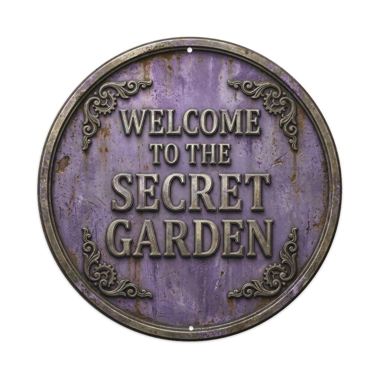 Vintage Welcome Secret Garden Silver Lavender Lace Metal Tin Sign