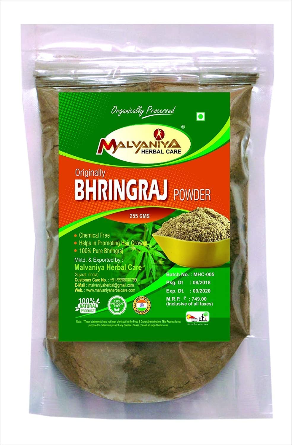 AOZA Bhringraj Leaves Hair Powder Organically Processed 100% Natural Herbal Powder for Fighting Hair Fall -255 Grams by Malvaniya Herbal Care