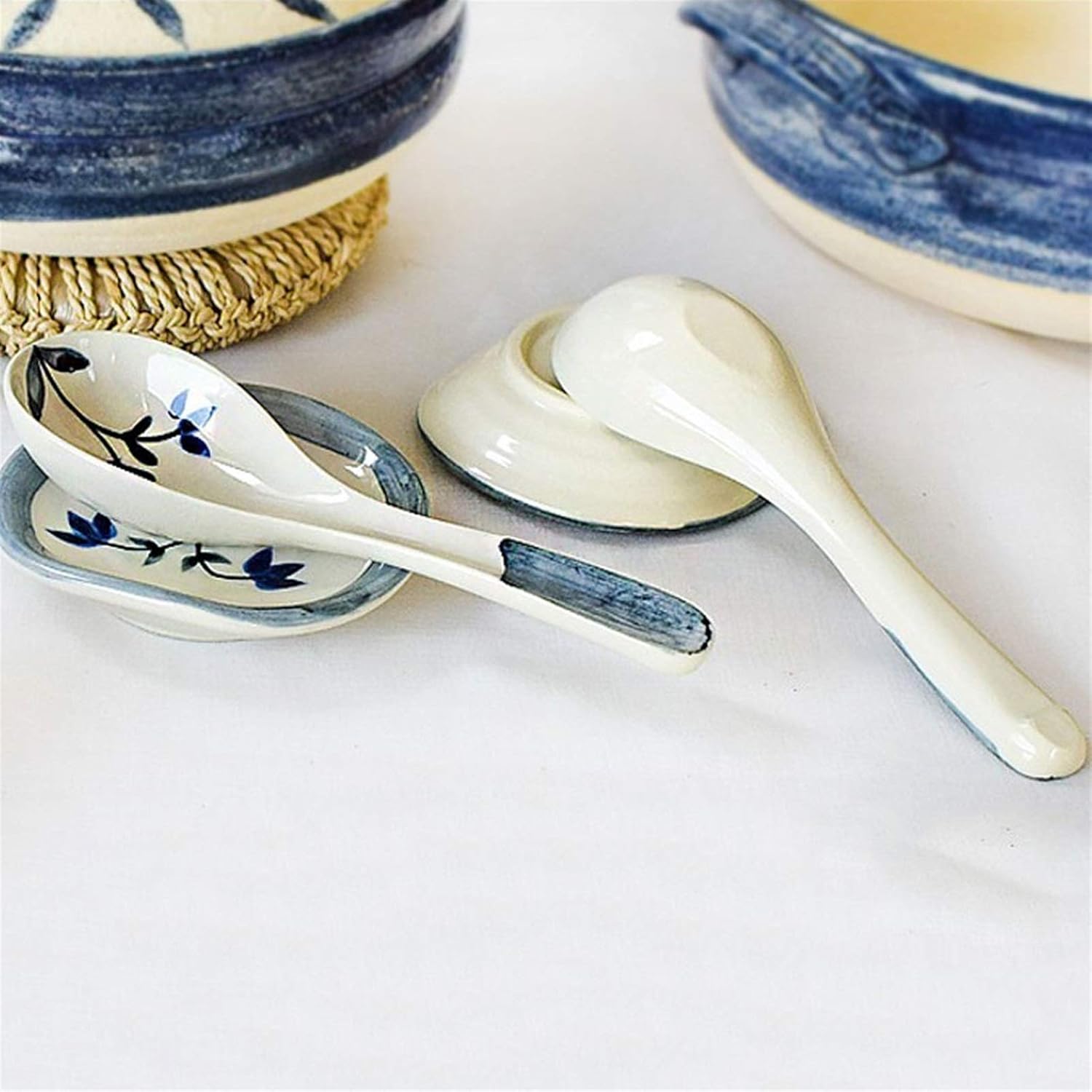 Scoop Cute Household Ceramic Long Handle Small Soup Spoon Retro Creative Porcelain Soup Spoon with Spoon Holder Soup Spoon (Color : C)