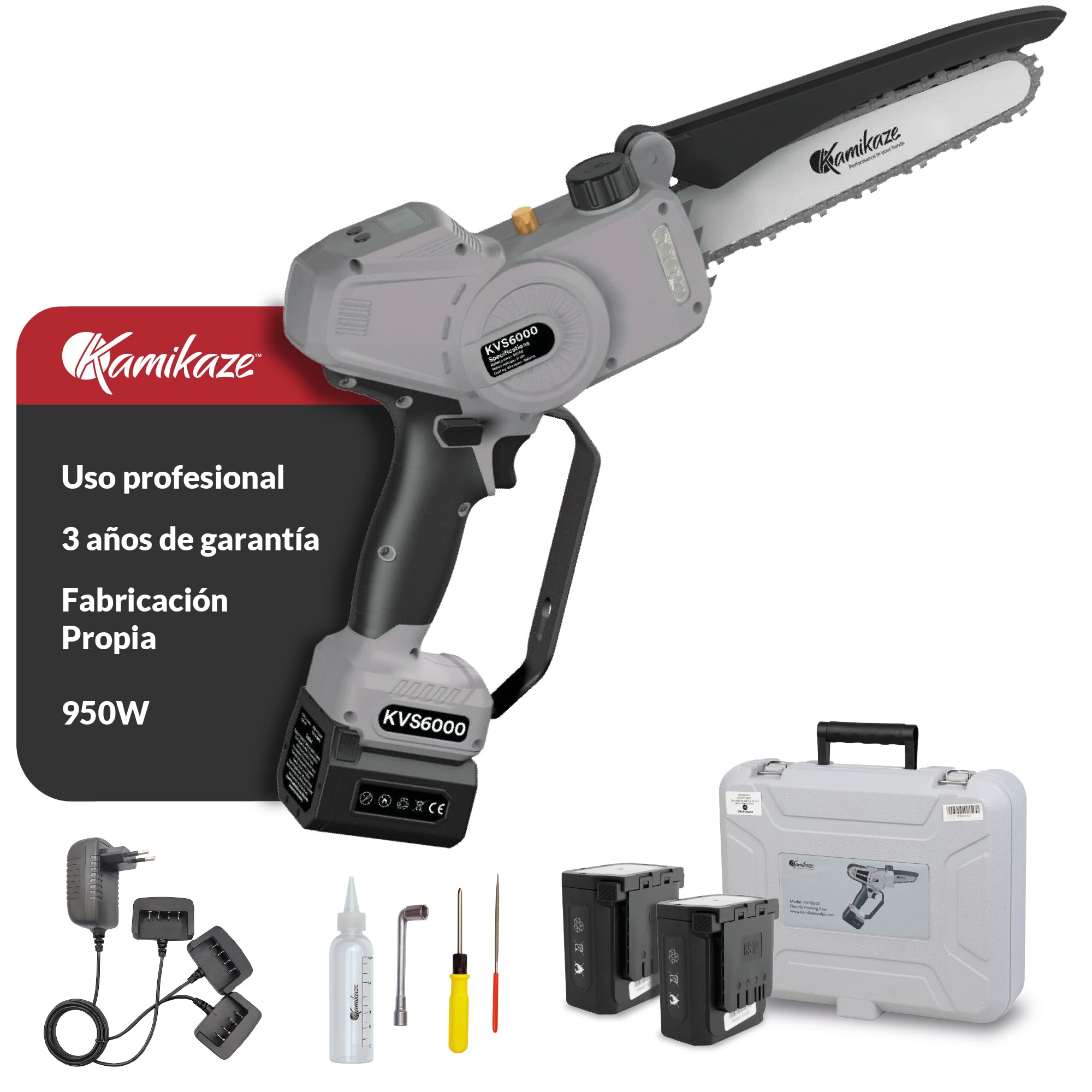 KAMIKAZE KVS6000 Mini Motosierra a Batería 21V, 6” 800W, Sierra Eléctrica Recargable con 2 Baterías 4Ah y Cargador Triple, Motosierra Portátil Inalámbrica con Luz LED, Maletín y Kit de Accesorios