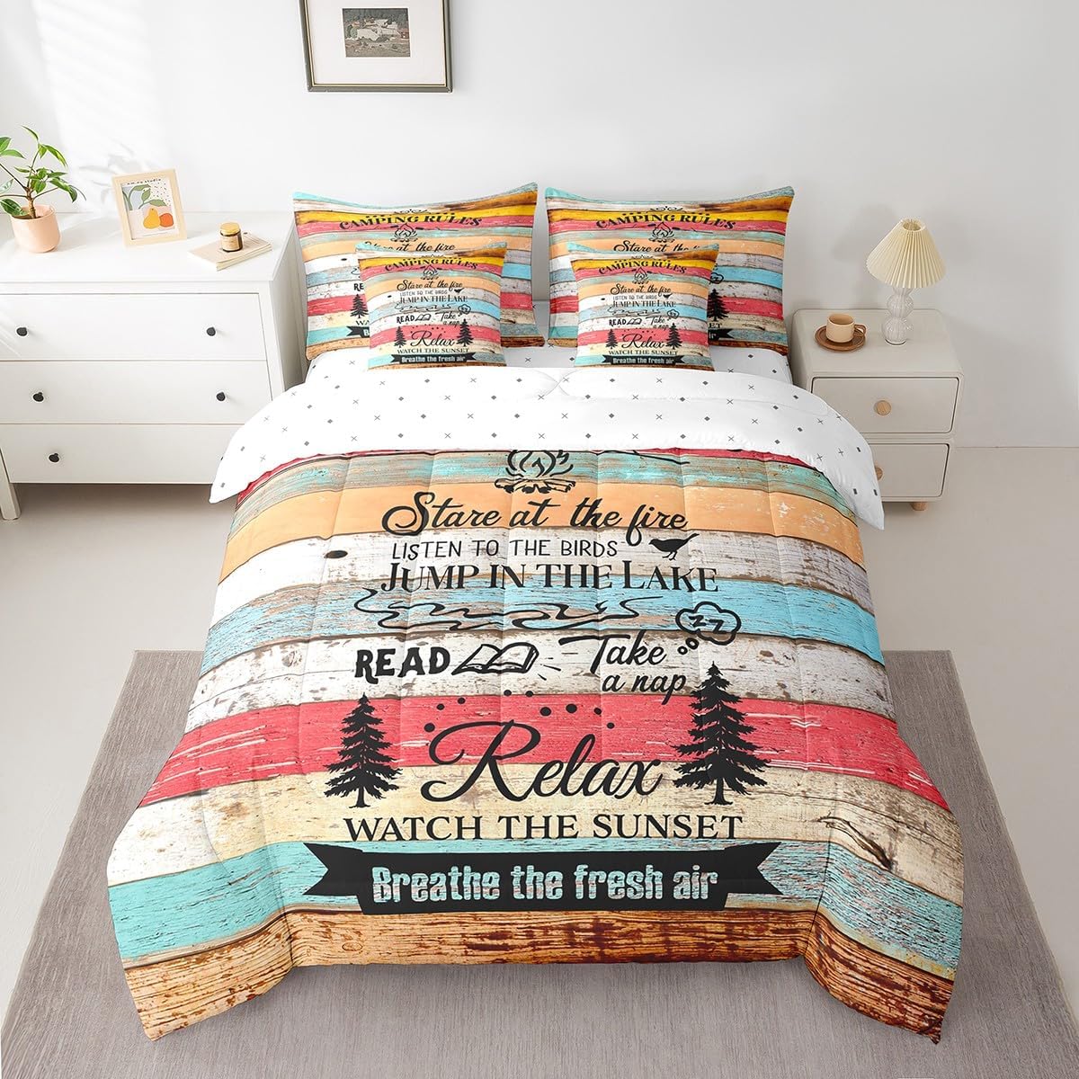 Erosebridal 7Pcs Camping Rules Bedding Queen, Rv Camper Decor Bed in a Bag with Flat Sheet and Fitted Sheet for Kids and Adults, Happy Camping Bedding Set with Pillowcases & Throw Pillow Covers