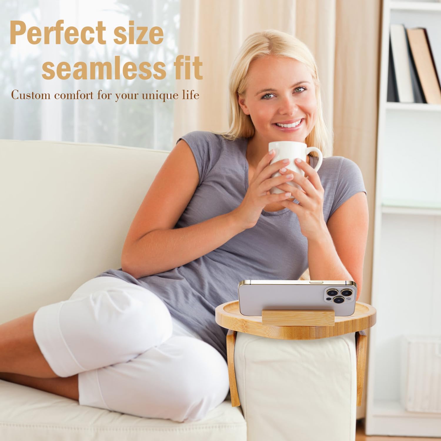 Couch Arm Tray Table,Bamboo Sofa Side Tables Clip-on Couch with 360° Phone Holder,Foldable Sofa Armrest Tray for Eating,Drink, Snacks, Coffee, TV,Remote - Image 3