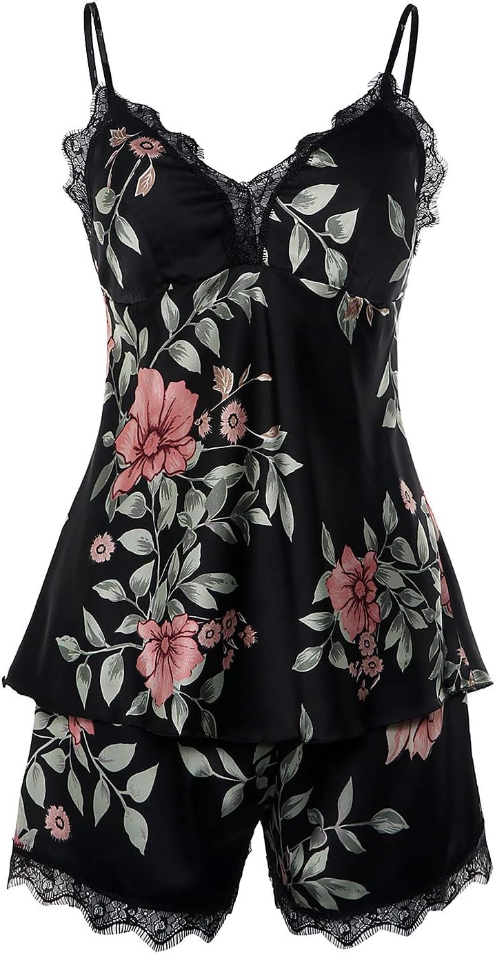 BellisMira Sexy Slip Satin Nightwear Lace Cami Padded/Unpadded Flower Pajamas V-Neck Sleepwear Floral Silk Nighty for Women