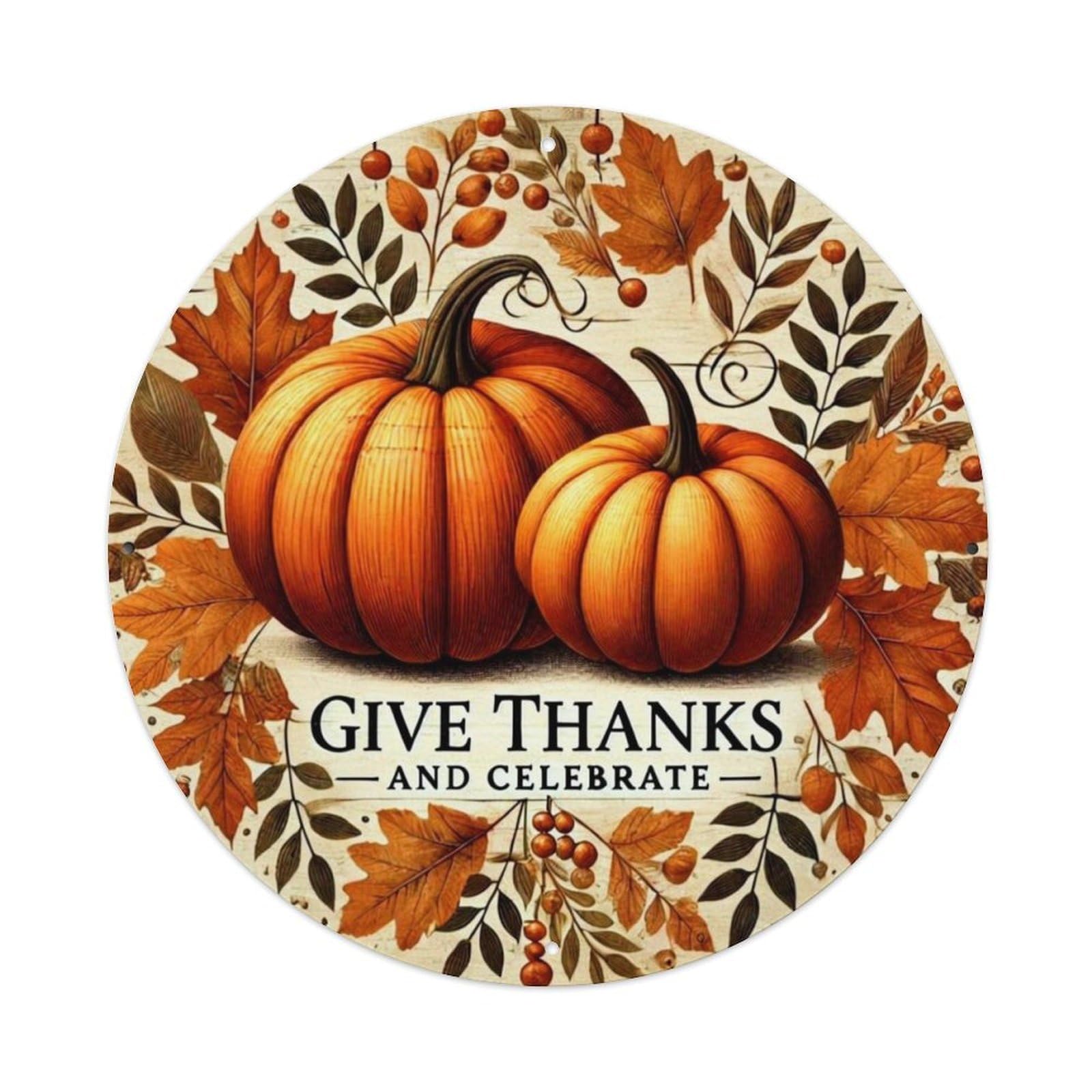 Pumpkin Leaves Berries Autumn Harvest Vintage Round Tin Sign Retro Metal Wall Decor Metal Poster, Home Bar Garage Cafe Wall Art Decoration 8x8Inches