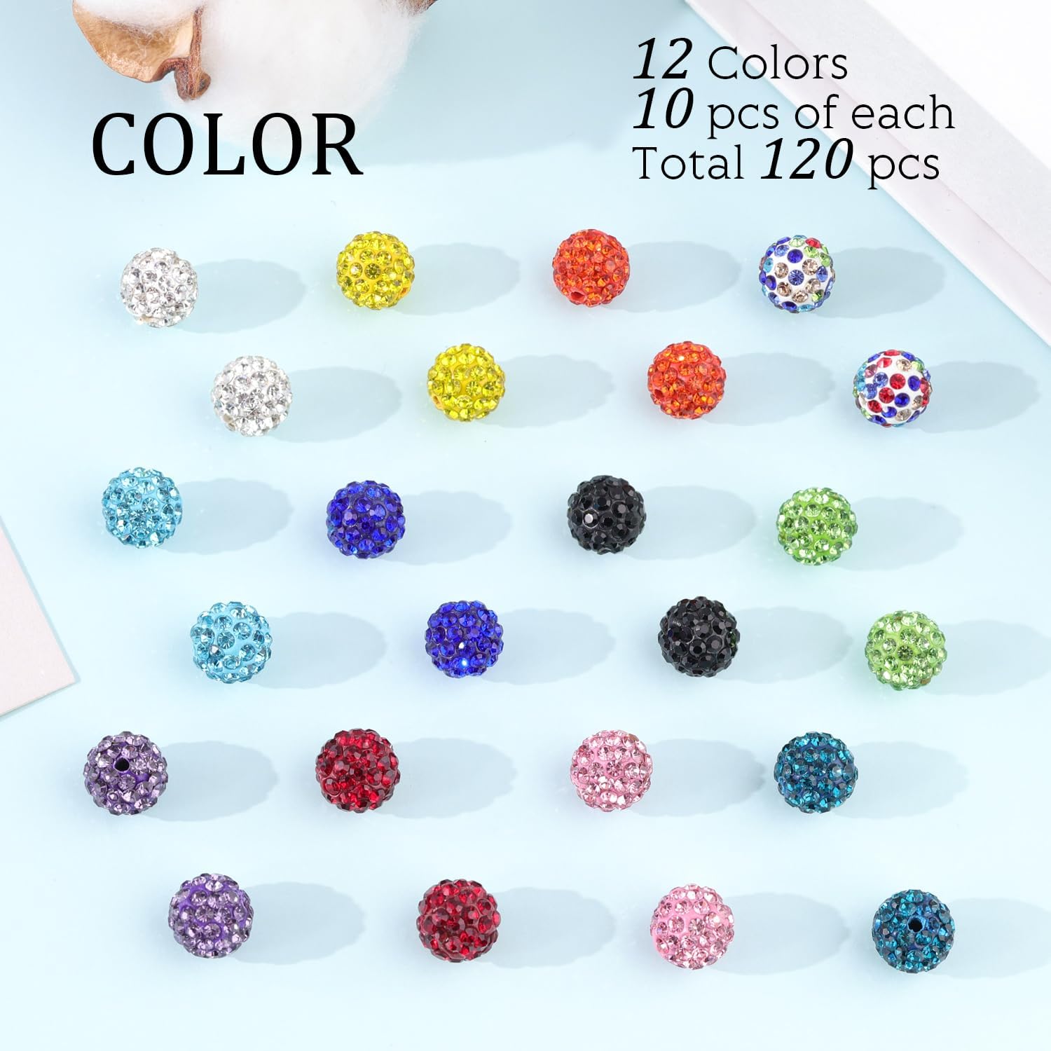 120 pcs 10mm Rhinestone Beads for Jewelry Making, 12 Mixed Colors Shiny Round Shamballa Disco Ball Beads, Sparkle Crystal Clay Christmas for Bracelet Baseball Necklace Earring and DIY - Image 3