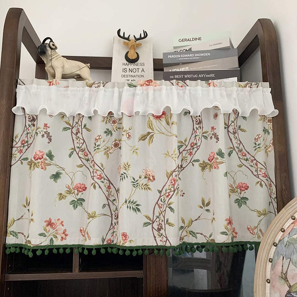 Cortinas de cocina cortas estilo campo americano con cenefas de flores de 100x35 cm
